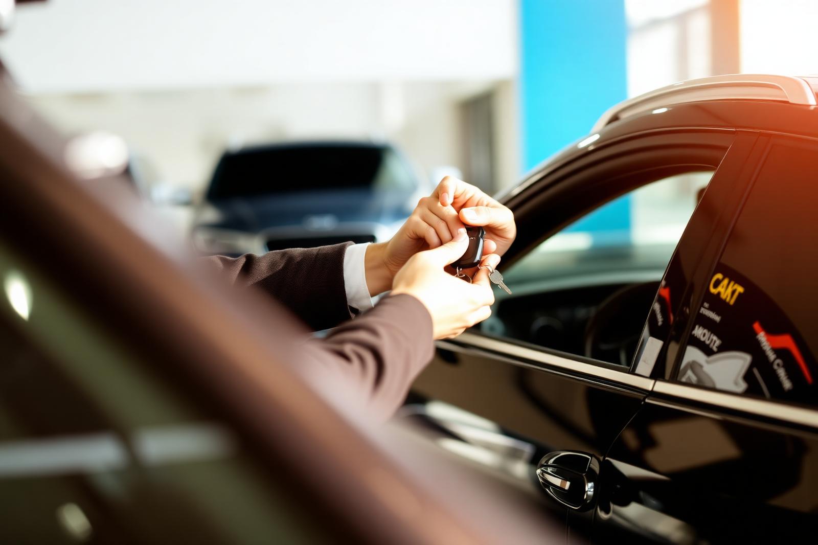 Buyer receiving keys to a used car at a dealership